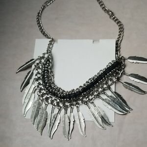 Feather Silver Tone Boho Necklace